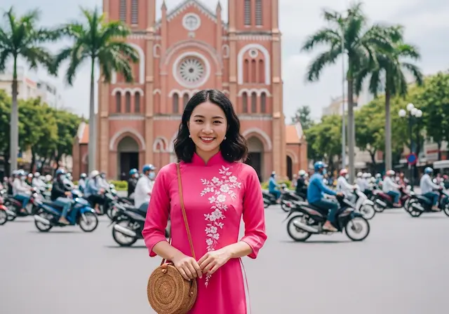 다낭 한시장 근처 핑크색 대성당 앞에서 아오자이를 입고 라탄백을 든 한국인 여성이 환하게 웃으며 기념사진을 찍는 모습