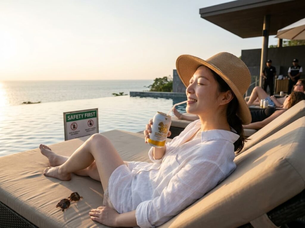 동남아시아 고급 호텔의 안전한 수영장 선베드에 누워 밀봉된 시원한 캔 음료를 마시며 안심하고 환하게 웃고 있는 한국인 여행객의 모습