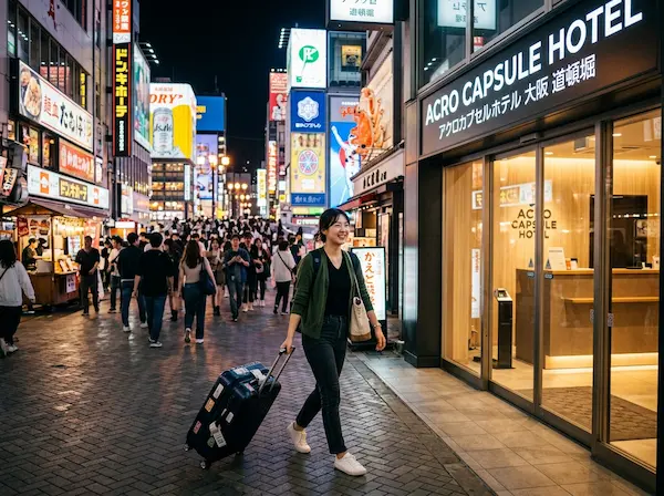오사카 도톤보리의 화려한 네온사인 배경 아래, 세련된 디자인의 아크로 캡슐 호텔 입구에서 캐리어를 끌고 들어가는 20대 한국인 여성 여행자, 밤거리의 활기찬 분위기
