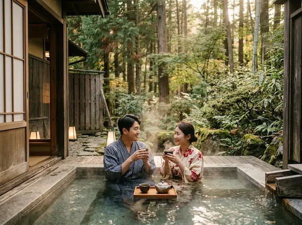 숲으로 둘러싸인 조용한 료칸의 개인 노천탕에서 유카타를 입고 따뜻한 차를 마시는 한국인 커플, 김이 모락모락 피어오르는 온천물과 평화로운 자연경관