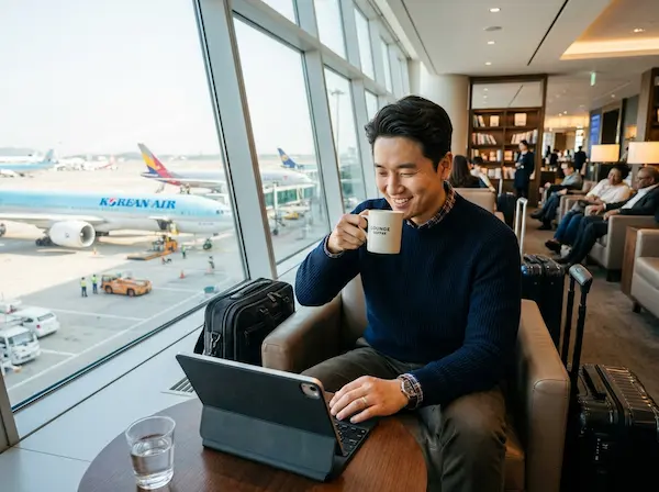 공항 라운지에서 여유롭게 커피를 마시며 태블릿으로 가격 변동 알림을 확인하고 미소 짓는 한국인 남성