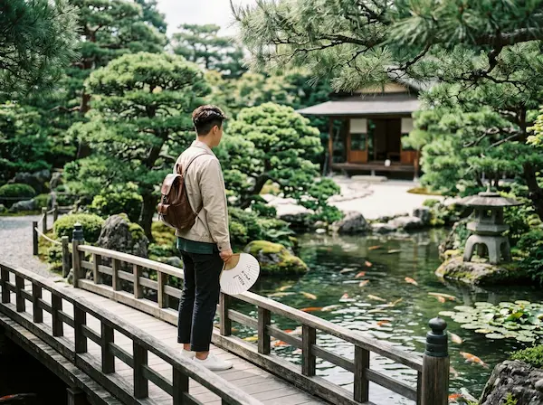 정갈한 일본식 정원의 목조 다리 위에서 전통 부채를 들고 연못을 바라보는 한국인 남성 여행자의 뒷모습, 주변에는 정교하게 다듬어진 소나무들이 가득함